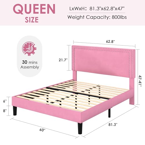Image of VECELO Queen Size Platform Bed Frame with Height Adjustable Upholstered Headboard, Modern Mattress Foundation,Strong Wood Slat Support, No Box Spring Needed, Easy Assembly,Pink