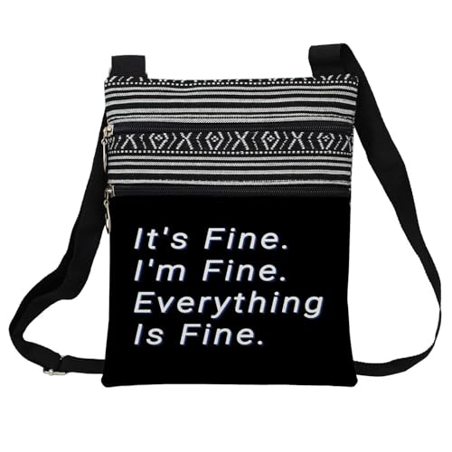 Everything Is Fine Messenger Bag Small Ethnic Pattern Printed Adjustable Strap Crossbody Zipper Bag Funny Slogan Phone Bag Wallet Cute Shoulder Handbag for Women Friends