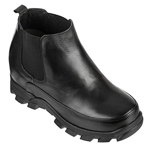 Calden Men's Invisible Height Increasing Elevator Shoes - Black Leather Slip-on Hiking-style Ankle...