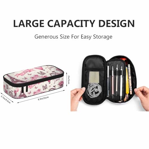 Image of Yekiua Paris Symbols Eiffel Tower Pen Bag Balloon Bike Romantic Travel Vintage Large Pencil Case Big Capacity Pencil Pouch Pencil Holder