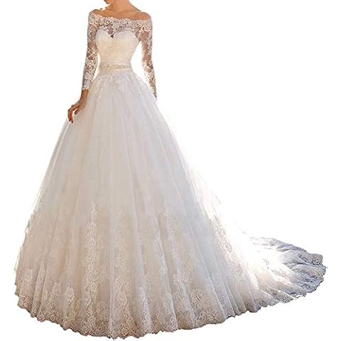 TANPAUL Spitzen Brautkleider A-Linie Lang Off Shoulder Hochzeitskleider Ballkleider Prinzessin Schulterfrei Langarm Brautkleid Spitzekleid Abendkleid Lang Cover
