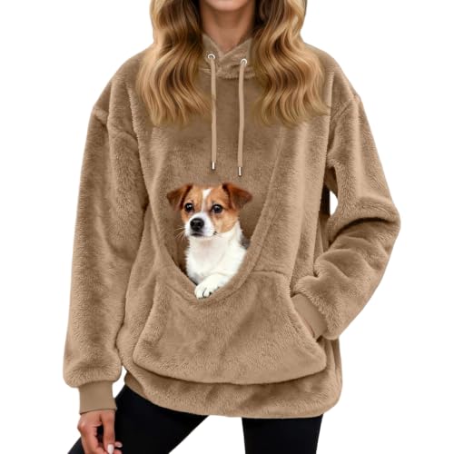 Hoodie Damen mit Hundetasche Oversize, Kapuzenpullover mit Großer Katzentasche für Kleine Hunde Katzen, Langarm Sweatshirt Haustier Tragetasche Warm für Herbst Winter Freizeit,Khaki,M