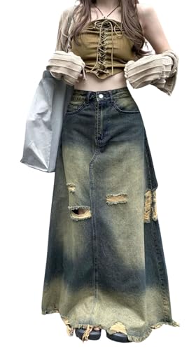utcoco Womens Vintage Distressed Maxi Denim Skirt High Waist Frayed Raw Hem A-Line Long Jean Skirt with Pockets (Small, Vintage Blue)