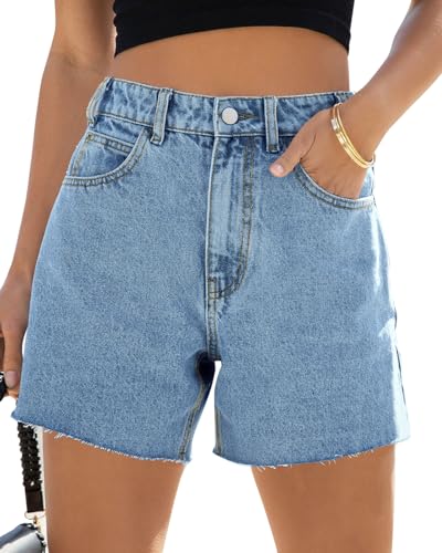 PLNOTME Womens Baggy Jean Shorts High Waisted Straight Leg Stretchy Raw Hem Mom Denim Shorts