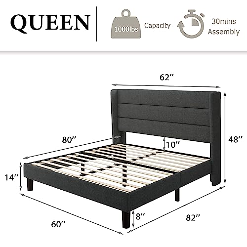 Ipormis Queen Bed Frame With Wingback, Modern Upholstered Platform Bed With 8'' Under-Bed Storage, Wood Slats Support, Fabric Headboard, No Box Spring Needed, Noise-Free, Easy Assembly, Dark Gray #TOP1