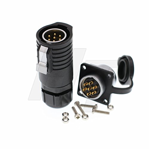 HangTon Connect LP20 7 Pin Waterproof Electrical Industrial Male Plug Panel Mount Socket, 15 Amp High-Current Power, Gold Plated Contact