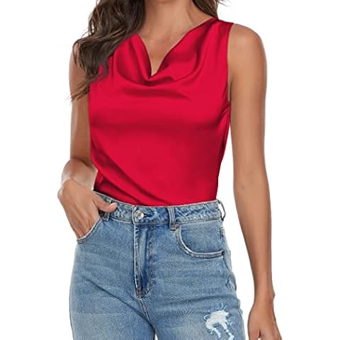 Wantschun Women's Cowl Neck Tank Top Silk Satin Sleeveless Draped Blouse Shirt Red ; Medium Cover
