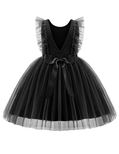 Arshiner Toddler Dress Summer Ruffle Sleeve V-Back Tie Waist Flower Girl Dresses Wedding Tulle Outfit 2-8Y