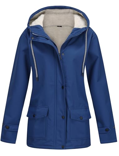 KEOYA Women's Fall Winter Parka Coat Hooded Trench Coat with Fleece Lining & Water-Resistant Long-Sleeve Zipper Cardigan Long Jacket Waterproof Windbreaker Navy Blue 3X-Large