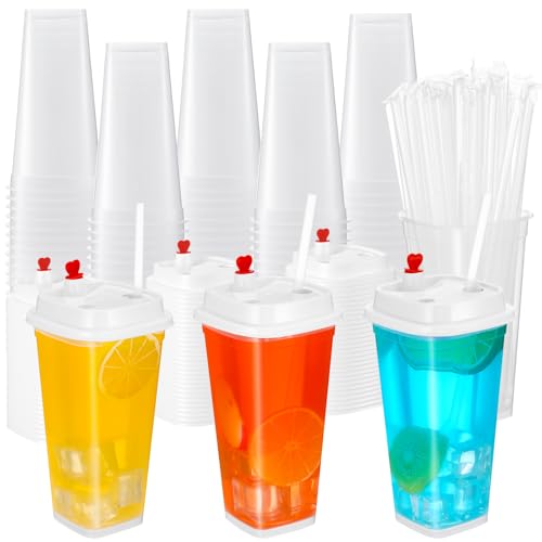 Sliner 100 Pcs Clear Square Shaped Plastic Cup with Lids and Straws 16 oz Disposable Split Double Thicken Cold Drinking Cup Bulk for Coffee Valentine Summer Party Supplies
