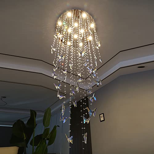 108''Modern K9 Crystal Butterfly Chandelier Staircase Crystal Chandelier High Ceiling Pendant Chandeliers Large Chandelier For Foyer Entrance Dimmable 3000-6000K Long High Living Room Fixture #TOP1
