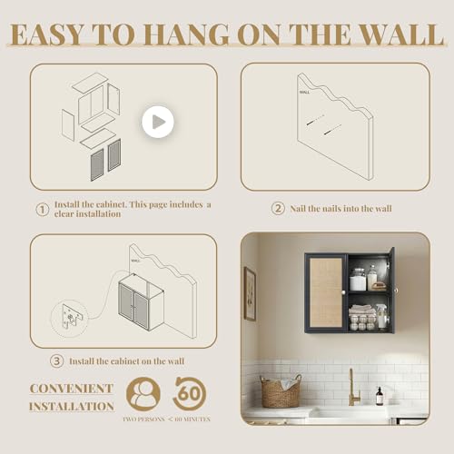 Image of Laundry Room Cabinets 24INCH Bathroom Cabinets Wall Mounted with Adjustable Shelves, Rattan Wall Cabinet for Bedroom, Kitchen, Bathroom, Black