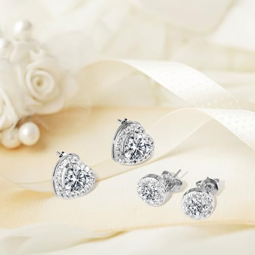 Silver Stud Earrings for Women, 2 Pairs Silver Earrings, Heart Round Hypoallergenic Earrings for Women Men Girls Cartilage Sleeper Earrings - Image 5