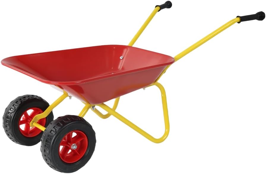 Children's Red Metal Trolley, Children's Heavy Vehicle, Metal Structure Two-Wheeled Trolley, Steel Pallet, Wheel Barrow for Gardens, Loading Leaves, Soil, Sand