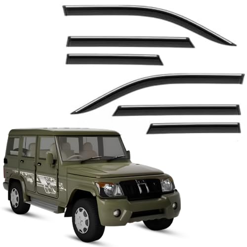 Image of CAR SAAZ Side Door Visors for Bolero SLX (2011-2020) (Set of 6Pcs) | Chrome Lined Rain Guards, Smoke Finish, Polycarbonate Wind Deflector