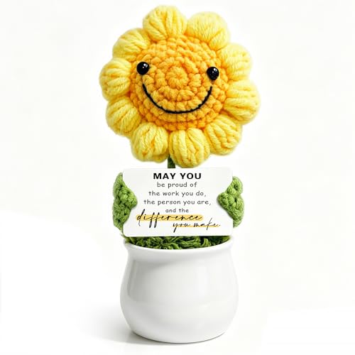 Iznomo Appreciation Gifts Thank You Gifts for Coworkers Positive Crochet Sunflower with 'Proud of Your Work, Person & Impact' - Uplifting Positive Appreciation Gift for Boss, Boss Lady, Manager