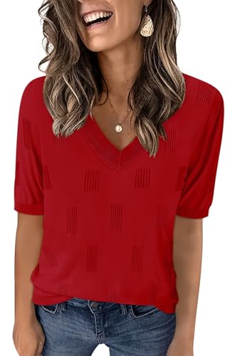 Image of Yincro Womens Short Sleeve Sweaters Fall Summer Tops V Neck Lightweight Knit Pullovers