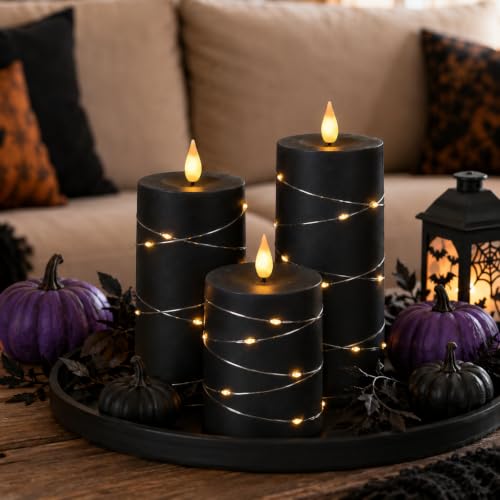 Image of Homemory Black Flameless Candles with Fairy Lights, Remote Timer, Set of 5