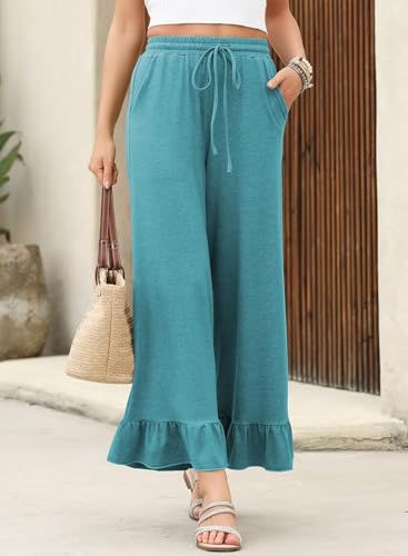 Women's Casual Boho Drawstring Pants High Waisted Ruffles Flare Palazzo Wide Leg Trousers with Pockets