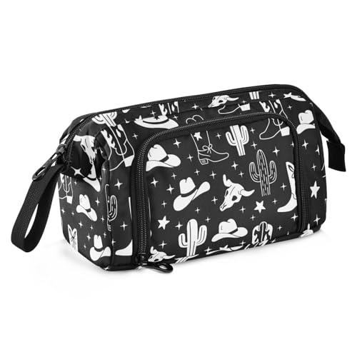 Image of Western Cowboy Black Pencil Case Pouch Big Capacity Pencil Bag Box Organizer Pen Case with Zipper Pencil Boxes for Girls Boys Women School College Office