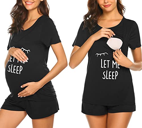 Image of Ekouaer Maternity Nursing Pajamas Set Short Sleeve Breastfeeding Sleepwear Double Layer Postpartum Top and Shorts Set