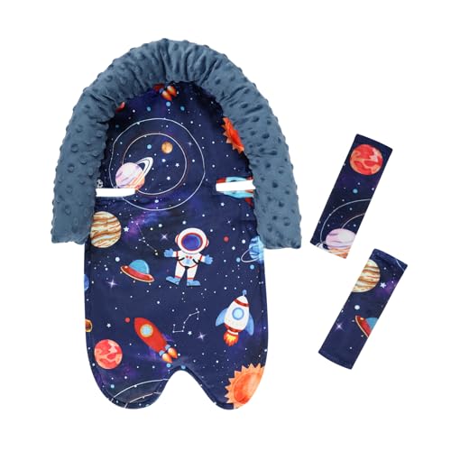 Image of Baby Head Support and Strap Cover for Car Seat, Mink Infant Carseat Headrest for Girls, Newborn Car Seat Insert Cushion for Strollers, Space
