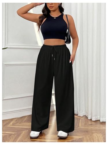SHENHE Women's Plus Size Wide Leg Pants Drawstring Baggy Palazzo Pants Loose Lounge Casual Trousers4