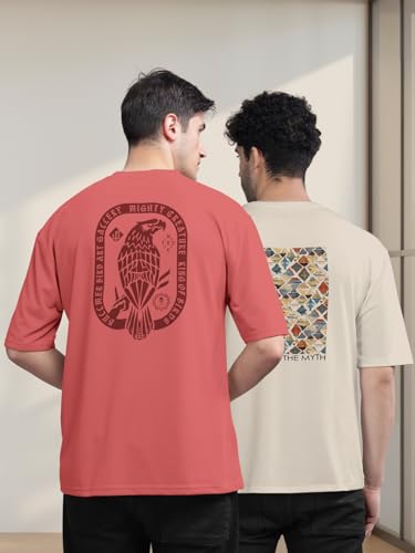 Image of BULLMER Trendy Front and Back Printed Oversized Round Neck T-Shirt for Men - Pack of 2