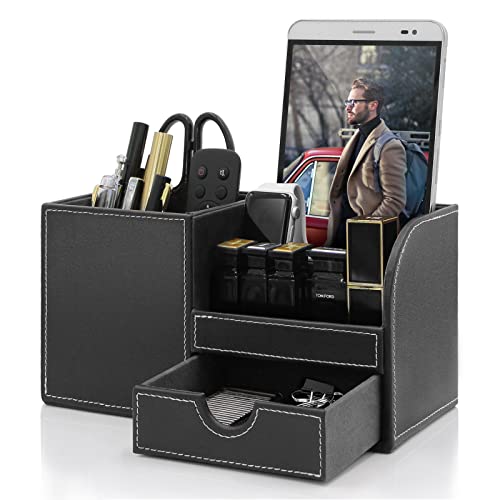 Toocust Leather Office Desk Organizer With Drawer, Multi-Function Office Supplies Desk Organizer,Black Office Desk Accessories For Men,Teacher Desk Organizer For Pen Pencil Holders And Organizers #TOP27