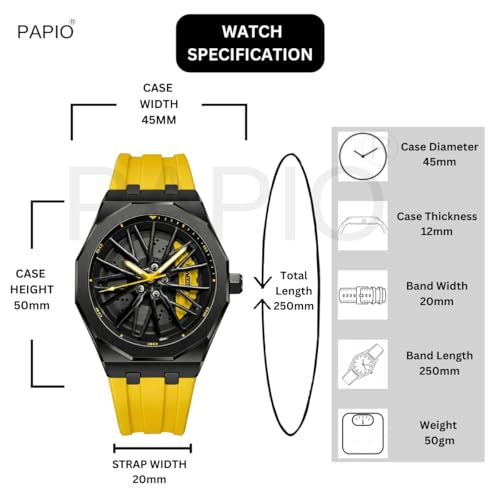 Image of PAPIO Men's Sports Analog Watch with Wheel Design Dial | Metal Case | Silicone Strap | Stylish Casual Watch for Men
