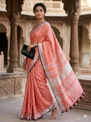Image of STB-SILK TEXTILES BHAGALPUR Women's Linen Slub Saree With Contrast Blouse Piece