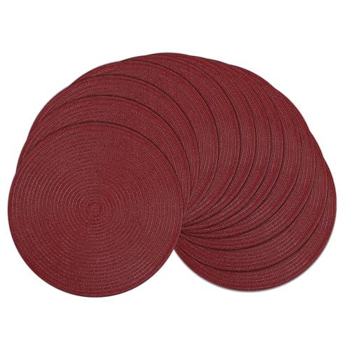 Image of SHACOS Round Placemats Set of 12 for Dining Table 15 inch Round Braided Place Mats Cotton Polyester Washable Non Slip Kitchen Table Mats, Burgundy