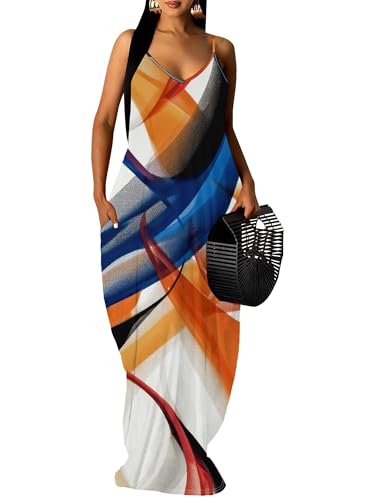 EQQZD Women's Spaghetti Strap Geometric Maxi Dress Summer Casual Flowy Long Sun Dresses with Pockets Sleeveless Ankle Length Outfit Plus Size