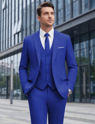 Image of WULFUL Men's Slim Fit Suit One Button 3-Piece Blazer Dress Business Wedding Party Jacket Vest & Pant