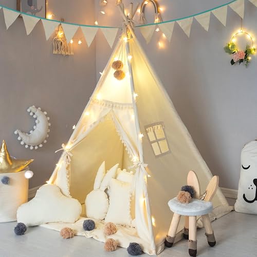 TreeBud Pyee para niños, con esteras, pancartas, Bolas de Piel, Bolsas de Mano, Carpa de Lona de algodón para niños con borlas y Encaje, decoración de la habitación de la casa de Juegos para niños