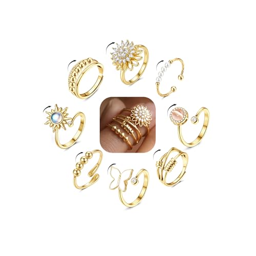 FIBO STEEL Fidget Anxiety Rings for Women - 9Pcs 14K Gold Plated Spinner Adjustable Rings Stress Relief Open Ring Stacks CZ Sun flower Butterfly Bead Evil Eye Non Tarnish Ring Set G