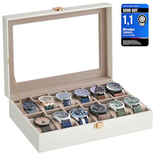 SONGMICS Uhrenbox mit 12 Fächern, Uhrenbox, Schatulle, Glasdeckel, abnehmbare Polster, Schloss aus Metall, Beschichtung in Wolkenweiß und Futter in Cappuccino-Beige JWB120W01