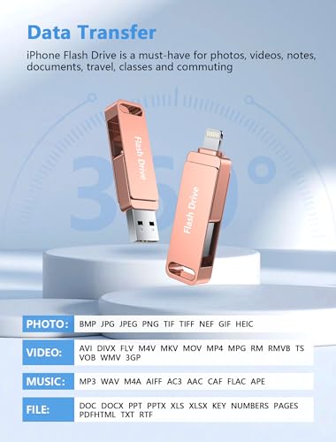 MFi Certified 512GB Photo Stick, 3 in 1 USB Flash Drive for iPhone Memory Stick with Photo Backup Drive, High Speed USB Thumb Drive Storage for iPhone/iPad/Android/PC Pink