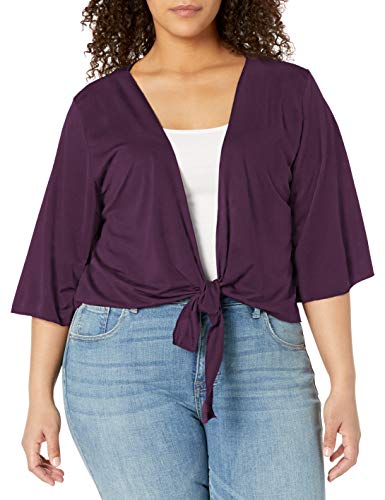 Star Vixen Women's Plus-Size 3/4 Sleeve Tiefront Shrug, Plum Solid, 1X