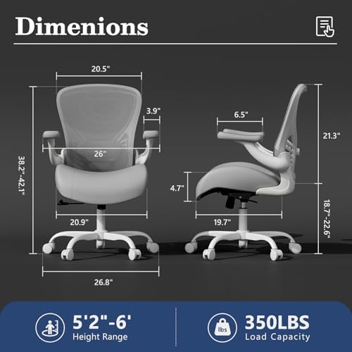 Image of GYI Ergonomic Office Chair with Memory Foam Cushion, Big and Tall Office Chair, 4.7 inch Thickened Seat Heavy Duty Desk Chair with Technical Mesh Back, 3D Flip-up Arms, Wheels for Heavy People, Grey