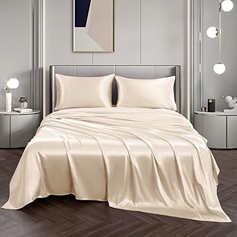 5 Piece Silk Satin Split King Sheet Set for Adjustable Bed Silky Ivory Bedding Sheet Set 19 Inches Deep Pocket Wrinkle & Fade Resistant Cover