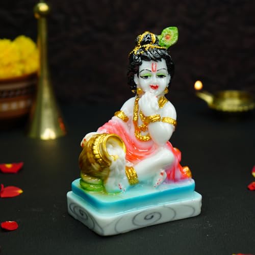 Image of Ekhasa Hand Painted Bal Gopal Murti (5 inch) | Marble Dust Laddu Gopal Murti for Puja | Resin Baby Krishna Idol for Home | Bal Krishna Idol | Colorful Sri Krishna Idols | Makan Chor Idol for Gift