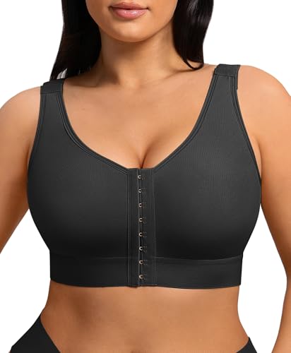 FeelinGirl Compression Bra for Women Post Surgery Front Closure Surgucal Bra After Breast Surgery Support, Black, L