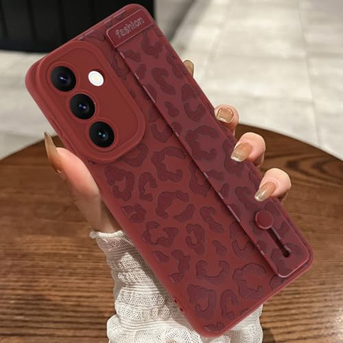 Image of Compatible with Samsung Galaxy S26 Case with Strap Wrist Wine Red | Cheetah Print Shockproof Soft TPU Protective Cover for Women Girls, Slim Anti Scratch Case 6.3 Inch, Wine Red