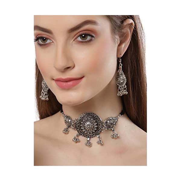 Shining Diva Fashion Latest Stylish Traditional Oxidised Silver Necklace Jewellery Set for Women (13117s) - Image 7