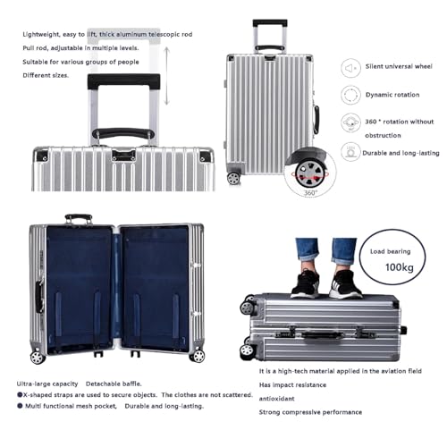Aluminium Suitcase Large Silver Cabin Suitcase Hand Luggage Suitcase with Spinner Wheels TSA Combination Lock,5，29in2