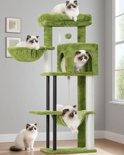 Image of Gitelsnour Cat Tree, 43.3'' Cat Tower with Hammock for Kittens GCT004SGR | Cat Condo House for Small Indoor Cats, Basket, Scratching Post, Large Platform, Sturdy Steel Tube, Sisal Rope, Green