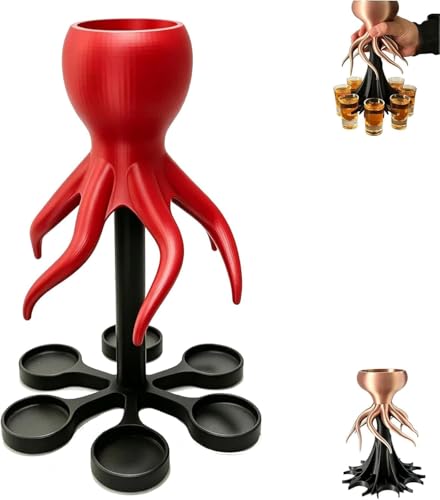 Image of Octopus Shot Dispenser, 3D Printed Octopus 6 & 8-Shot Dispenser, Fun Alcohol Shots Dispensers for Drink Cocktail Juice, Unique Fun Bar Accessories, Parties and Drink Tools (Red, 6-Shot)