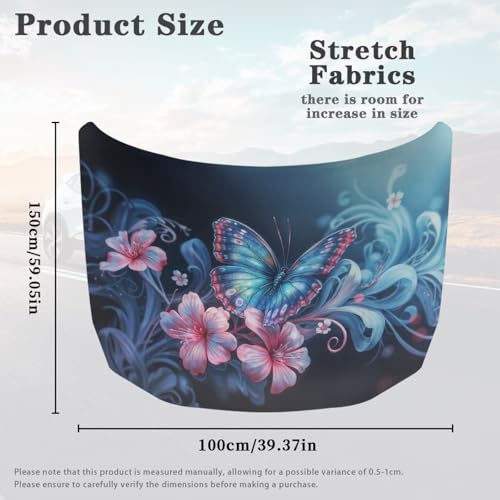 Image of Blue Butterfly Pink Flowers Car Hood Cover for Leaves, Car Bonnet Banner, Universal Fit, Elastic Polyester, Stretchable, Waterproof Automotive Hood Covers,Car Accessories