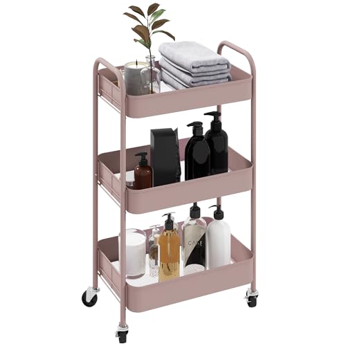 HOMCOM 3-tier Storage Trolley on Wheels, Metal Storage Cart, Rolling Ultility Cart with 3 Mesh Baskets for Living Room, Kitchen, Pink